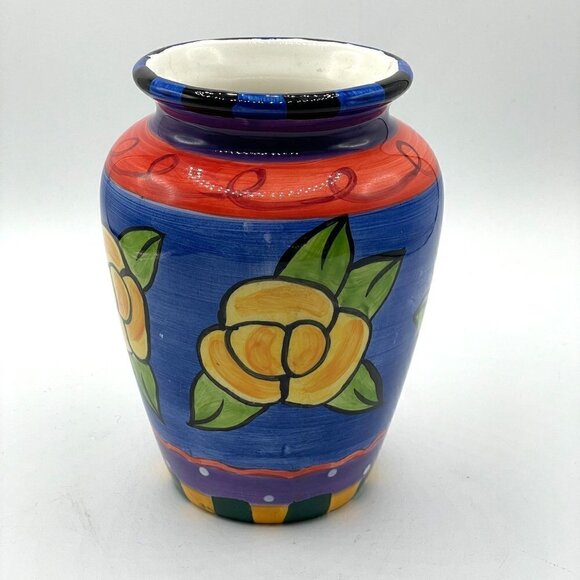 Milson & Louis Hand Painted Flower Vase Cobalt Blue Yellow Flowers Red Rim 6" - Picture 1 of 8